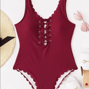 Backless Lace-up Scalloped Tank Swimsuit